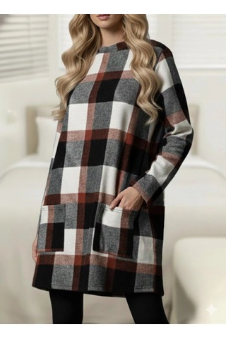 Valensdesign Kadın Uzun Kollu Yarı Balıkçı Yakalı Cep Detaylı Ekoseli Dokuma Tunik Desenli