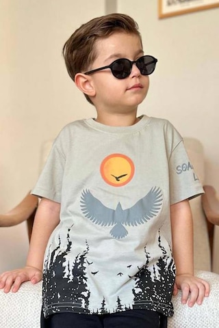 Riccotarz Erkek Çocuk Ağaç Ve Güneş Baskılı T-shirt Yazı Detaylı Bej Şortlu Takım Bej