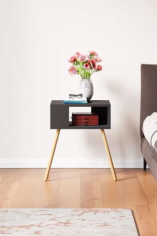 İntergo Ahşap Ayaklı Dekoratif Raflı Komodin Antrasit Gri