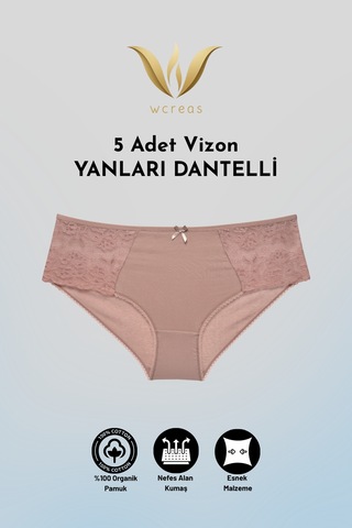Wcreas Yanları Dantelli Pamuklu Kadın Bato Külot, 5'li Paket Pamuklu Yumuşak Kumaş Dantelli Külot Vizon