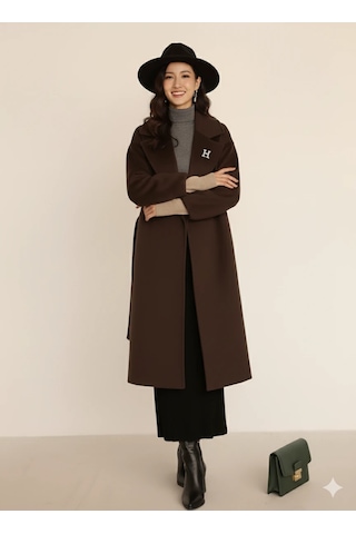 Kadın Siyah Kaşe Uzun Kaban Maksi Boy Palto Geniş Yakalı Düz Kesim Kışlık Kahve