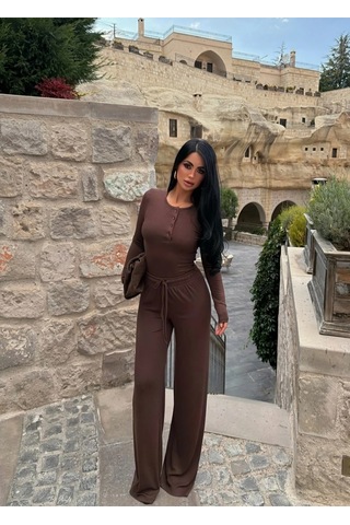 Evoa Kadın Kahve Basic Düğmeli Bluz Ve Bol Paça Pantolon Takım Kahverengi