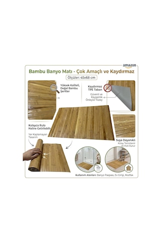 Bambu Banyo Matı, Kaydırmaz Tpe Tabanlı, Suya Dayanıklı, Rulo Yapılabilir, 45x68 Cm, Banyo Ve M Doğal Bambu / Kahverengi