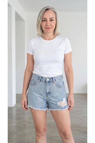 Byemelika Taş Baskılı Grj Denim Mini Şort Buz Mavi