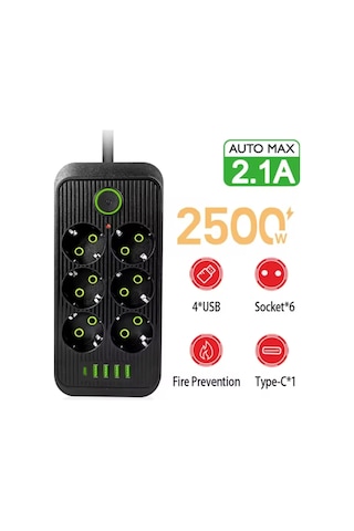 6 Soket 4 Usb 1 Pd Şarj Termal Akım Korumalı Priz 2 Metre Kablo Çoklu Priz 6 Lı Priz 2 M