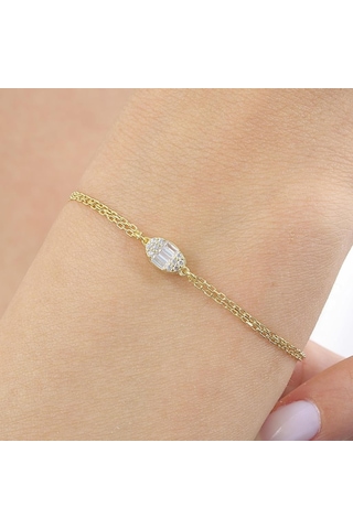 Mia Vento Pırlanta Montür Minimal Oval Baget Gold Renk Gümüş Bileklik