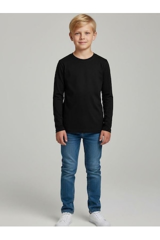 Zekids Erkek Çocuk Pamuklu Uzun Kol Basic T-shirt-16713 SIYAH