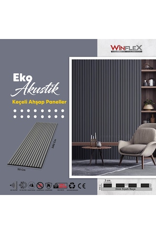 Winflex Eko Keçeli Akustik Ahşap Paneli Antrasit 50x240cm .