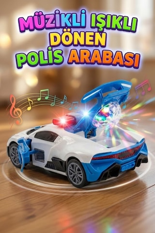 Oyuncak Polis Arabası - Müzikli Işıklı 360 Derece Dönen Ve Kapıları Açılan Pilli Araba 25 Cm Çok Renkli