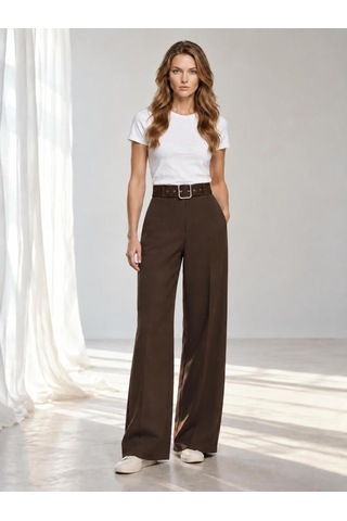 Nealirsanall.com Yüksek Bel Kemerli Wide Leg Palazzo Kumaş Pantolon Siyah