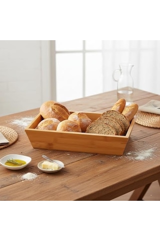 Bambu Ekmek Sepeti Ve Sunumluk 33x15x7 Cm Doğal Ahşap Modern Meyve, Sebze Ve Servis Sepeti Antibakteriyel Ve Şık Tezgah Üstü Düzenleyici