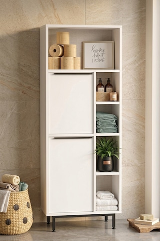 Yurudesign Ocean Banyo Dolabı Çok Amaçlı Dolap 2 Kapaklı Metal Ayaklı Beyaz On10C-W Beyaz
