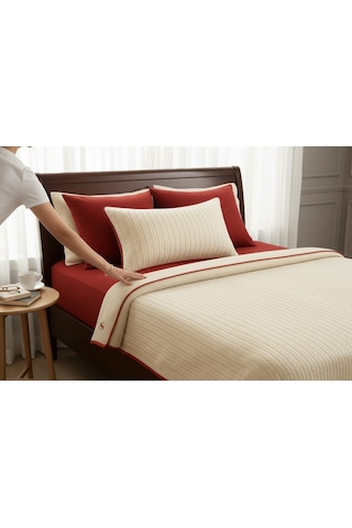 Kırmızı - Ekru Örgü Desen Çift Kişilik Nevresim Takımı Pike Tkm Çok Renkli