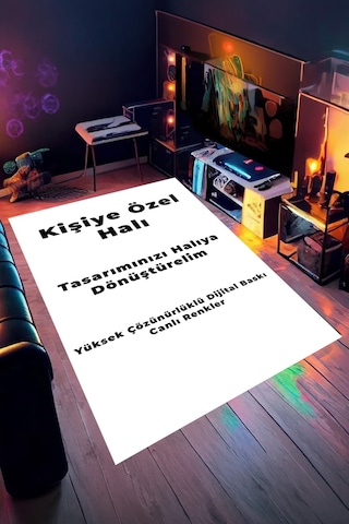 Kişiye Özel Baskılı Halı Salon Gamer Genç Odası Dijital Baskılı Kaymaz Taban Halı Siyah
