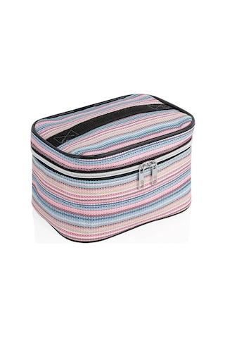 4'lü Makyaj Organizeri Kozmetik Çanta Seti & 3'lü Makyaj Süngeri - Çizgi Desenli