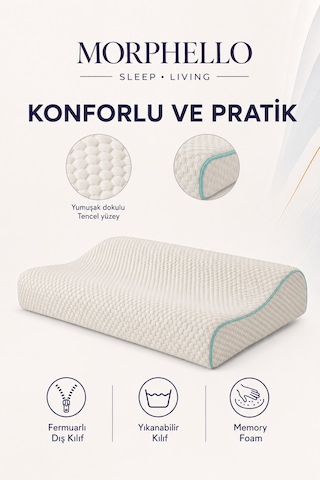 Morphello Neck Support Ortopedik Boyun Destekli Visco Yastık 60x40 Cm Memory Foam, Fermuarlı Yıkanabilir Kılıf Beyaz - Yeşil