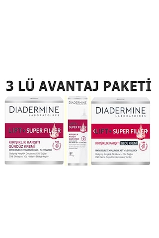 Diadermine Lift+ Super Filler Gündüz + Gece Kremi 2 x 50 ML + Göz Kremi 15 ML Diadermine Lift+ Super Filler Gündüz + Gece Kremi 2 x 50 ML + Göz Kremi 15 ML