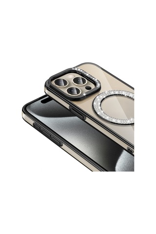 Apple Uyumlu iPhone 15 Pro Kılıf Pırlanta Taş Tasarımlı M-safe Şarj Özellikli Karetta Silikon Kılıf Siyah