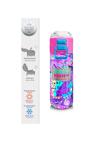 Coral High Kids Grafiti Desenli Pipetli Ve Direkt İçim Çelik Termos 500 Ml 31961 Desenli