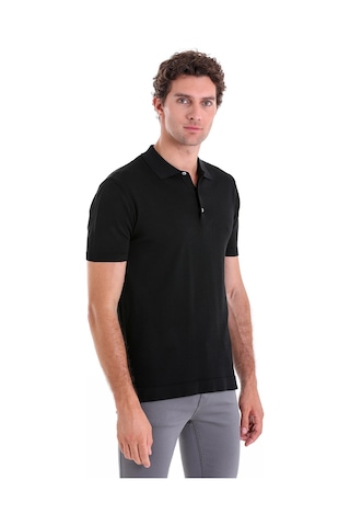 Hatemoğlu Siyah Comfort Fit Düz Polo Yaka Rayon Triko Tişört Siyah