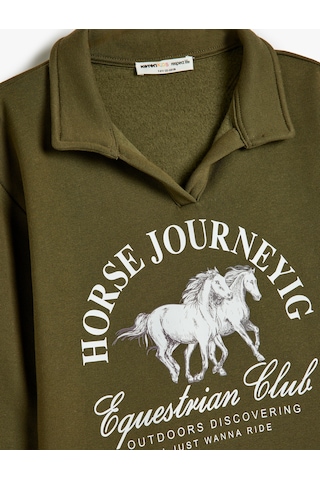 Koton Polo Yaka Sweatshirt At Baskılı Uzun Kollu Şardonlu Haki 5wkb10406tk Haki