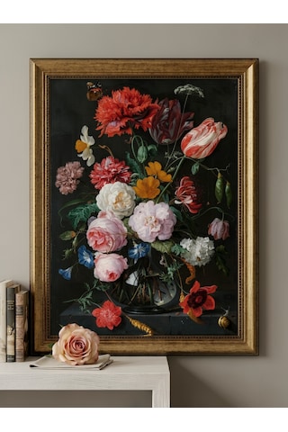 Dark Art Dark Floral Klasik Sanat Eseri Hollanda Altın Çağı Yağlı Boya Görünümlü Dokulu Baskı Tablo - 60x80cm Vintage Altın Çerçeveli 50x70cm Baskı Lüks Dekoratif Duvar Sanatı
