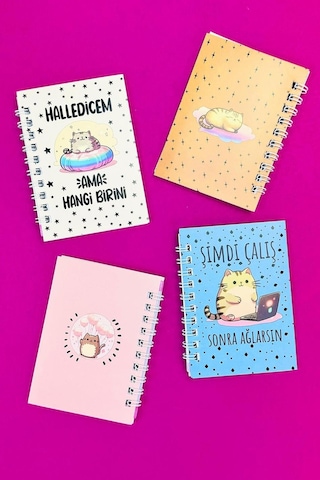 Mini 4'lü Kedili Spiralli Defter Çok Renkli
