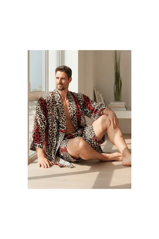 Qmen Style Erkek Kimono Takımı Leopar Desen 3 Lü Viskon Set Bornoz + Pantolon + Şort Bordo