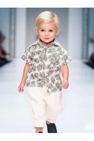 Erkek Bebek Desenli Gömlek Keten Pantolonlu Takım-15854 renkli