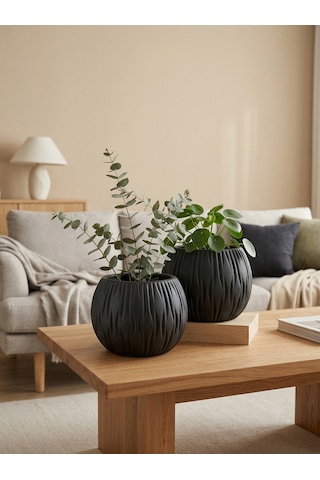 Kaveld Stone Calm El Yapımı Dekoratif Seramik Görünümlü Saksı Çizgi Kabartmalı Minimalist Iç Mekan Saksısı Salon Balkon Ofis Çiçeklik Ev Dekoru Siyah