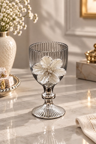 2 Li Cam Lotus Kahve Yanı Bardak Bardak Gümüş Kaplama 75ml