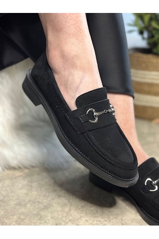Günlük Kadın Siyah Loafer Klasik Desenli Taban Tokalı Oval Burunlu Makosen Ayakkabı 120 Siyah Süet Platin