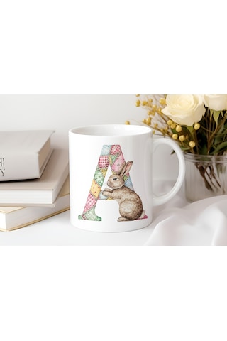 A Harfli Tavşan Kupa - Patchwork / Yamalı Desenli İsme Özel Kupa - Pastel Vintage Tarz Hediyelik 07 Beyaz