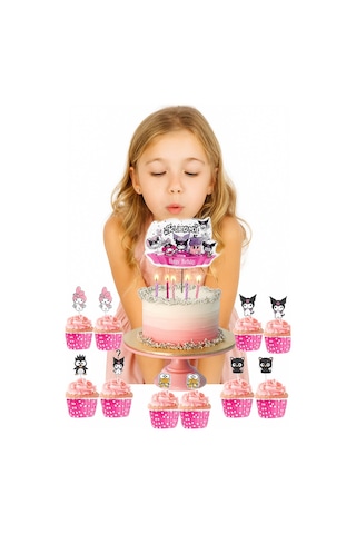 Kuromi Cake Topper Set Pasta Seti 20 Kürdan 25 Kek Kalıbı 1 Pasta Üstü Büyük Doğum Günü Pasta Süsü +3