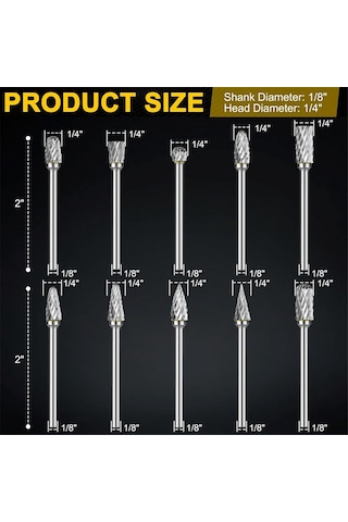 Xurunkeji Karbür Freze Seti Dremel Döner 1/8 İnç Şaft 10 Adet Kalıp Taşlama Makinesi Döner Alet Raspa Uçları Aksesuarları İle Uyumlu