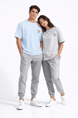 Sevgili Kombini Ayıcık Baskılı Çift Tişört Oversize Unisex Partne Mavi