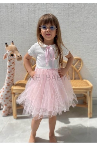 Ketbaby Kız Çocuk Kurdeleli Tül Etek Kısa Kol Elbise Pembe Pembe