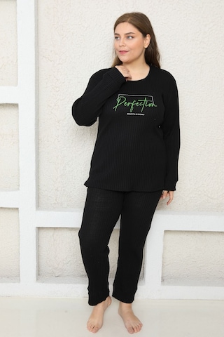 Fames Pijama Büyük Beden Fitilli Pijama Takim Siyah