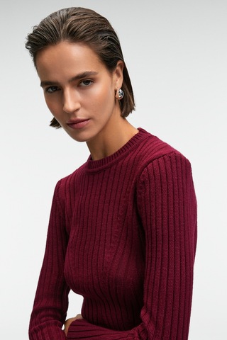 Grımelange ENCANTO Kadın Yuvarlak Yaka Çizgi Desenli Slim Fit Bordo Elbise