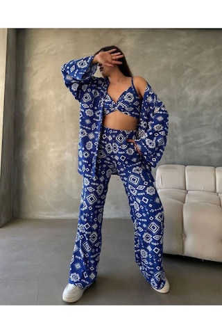 Bürümcük Kumaş Kimono Üçlü Takım Lacivert