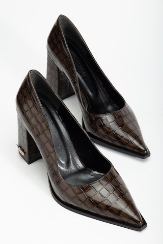 Suins Premium Kevin Model Kadın Kalın Topuklu Kroko Stiletto Ayakkabı Kahve