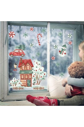 MSticker Yılbaşı Karlı Ev Ağaçlar Yeni Yıl Süsleri Çocuk  Bebek Odası Sticker Seti