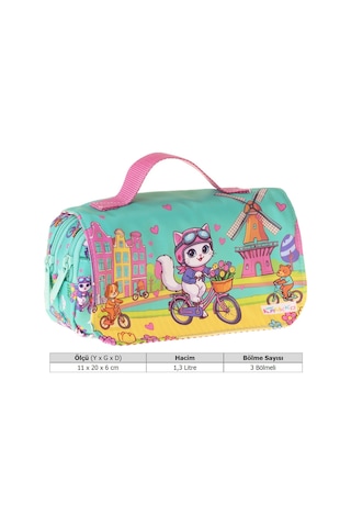 Kaukko Kids Taşıma Askılı Kız Çocuk Bisikletli Kedi Baskılı Şık Kalem Çantası Yeşil - Pembe - L5330 Çok Renkli