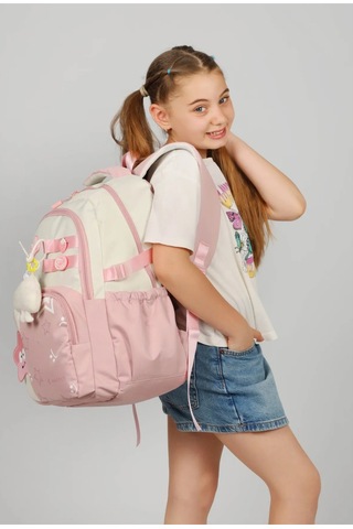 Twill Suya Dayanıklı Laptop Bölmeli Günlük Sırt Çantası Ve Peluş Oyuncak Hediyeli Okul Sırt Çantası Pembe
