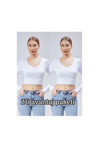 Virago 2'li Soft Touch V Yaka Crop Uzun Kol Bluz/body Beyaz - 687153492 Beyaz - 687153492 Beyaz