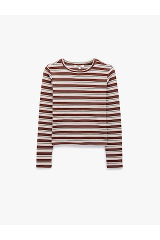 Koton Slim Fit Pamuklu Uzun Kollu Basic Çizgili Tişört Kahverengi Çizgili 7wal10271ık