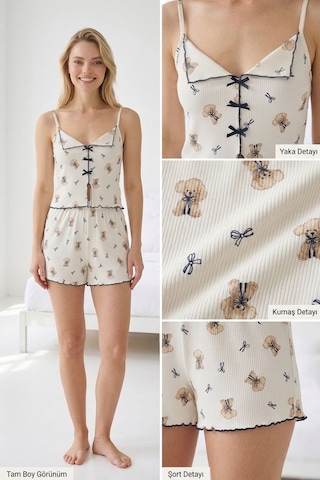 Çağrı Bies Kadın Dekolte Yaka Fırfır Detay Kaşkorse Kumaş Pamuk Likra İp Askılı Mini Şortlu Pijama Takımı lacivert