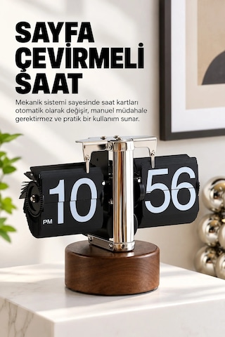 Exenar - Koyu Kahverengi - Yaprak Masa Saati Otomatik Sayfa Çevirmeli Retro Mekanik Ahşap Tasarım Flip Clock Ofis Aksesuarı