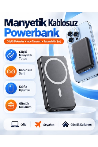 İphone 12/13/14/15/16/17/18 Uyumlu Magsafe Battery Pack 5000 Mah Powerbank Kablosuz Wireless Batarya Şarj Aleti siyah