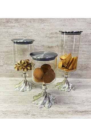 Ayaklı Dekoratif Cam Şekerlik Drajelik Kurabiyelik Sunumluk 3 Boy